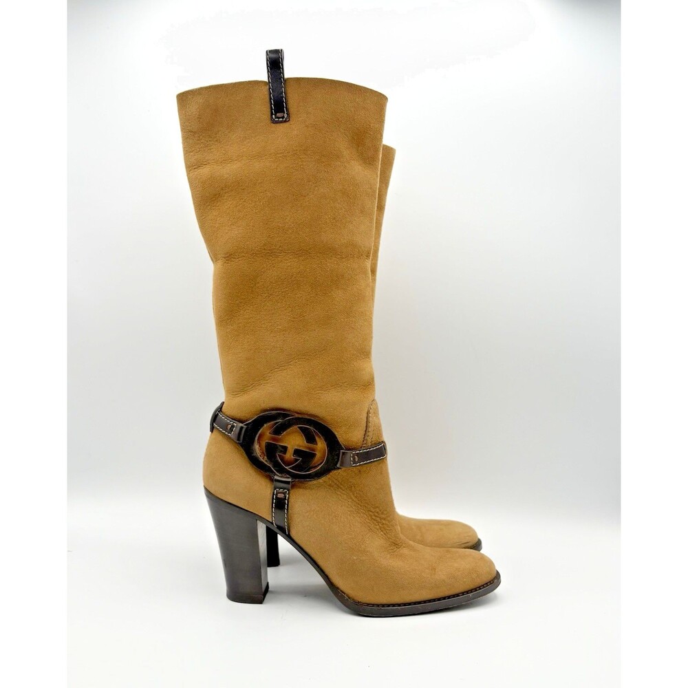 Gucci Tan Sheepskin & Brown Leather GG Logo Western Knee High Boots Size US 5.5